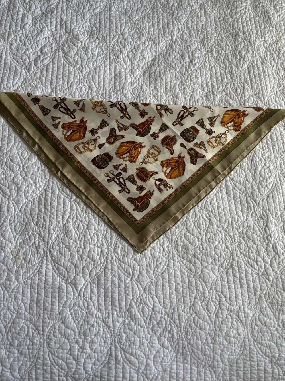 Unbranded Equestrian Motif Print Silk Scarf Ivory Gold & Olive Handmade